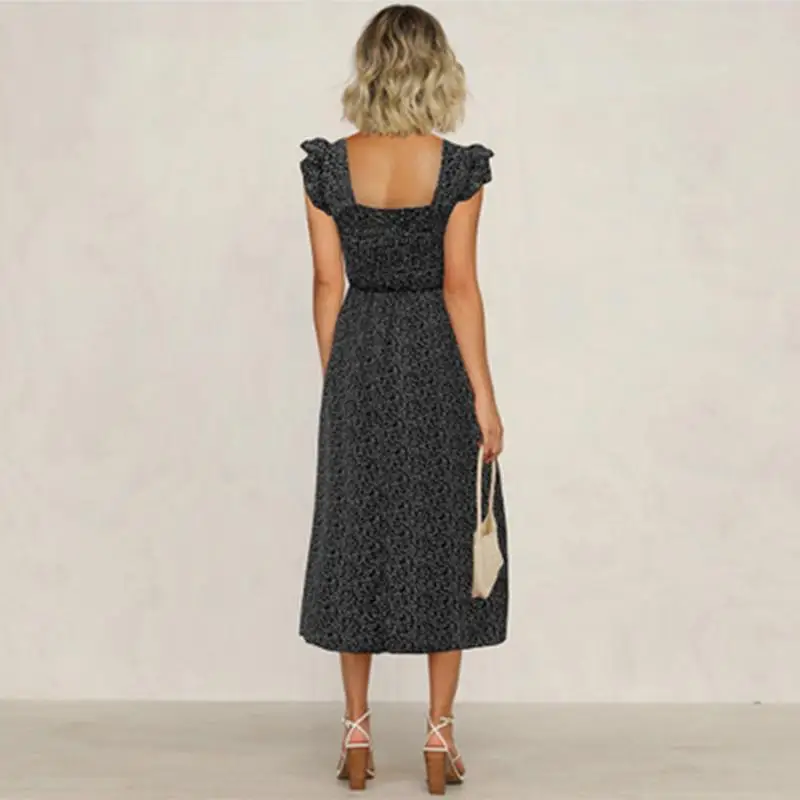 

ZITY Women Summer Dress Bohemian Small Floral A Swing High Waist Midi Dress Ruffle Loose Casual Fashion Ladies Plus Size Dress N