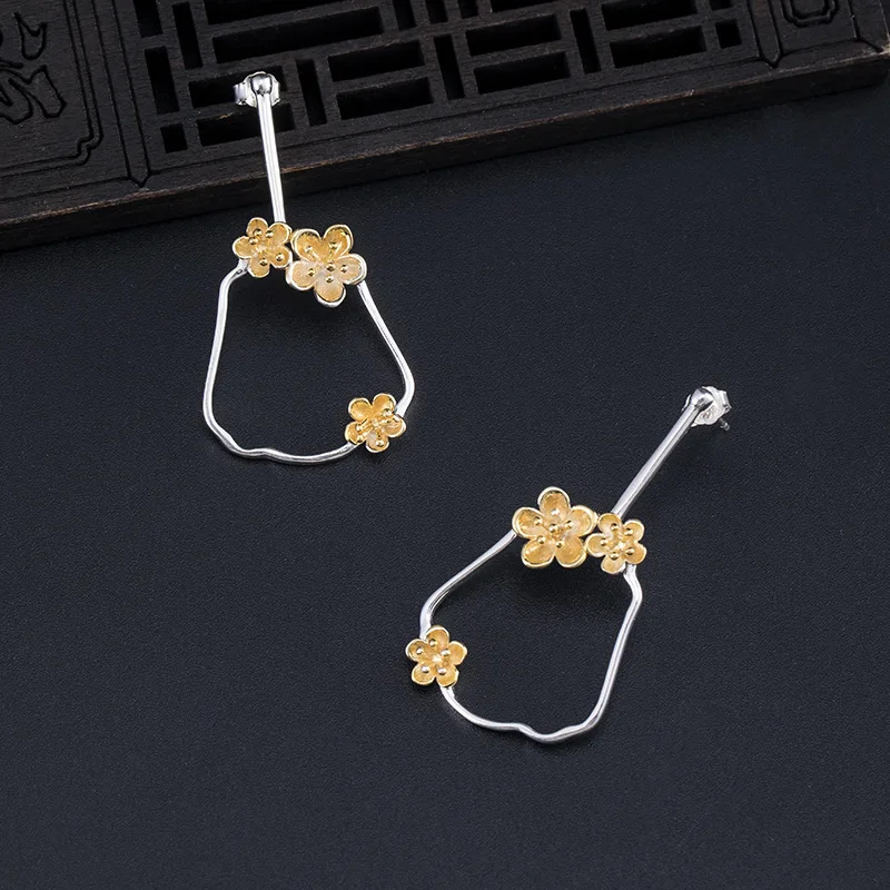 

100% S925 Sterling Silver Peach Blossom Fan National Style drop earrings Accessories For Women High Quality Fashion Lady Gift