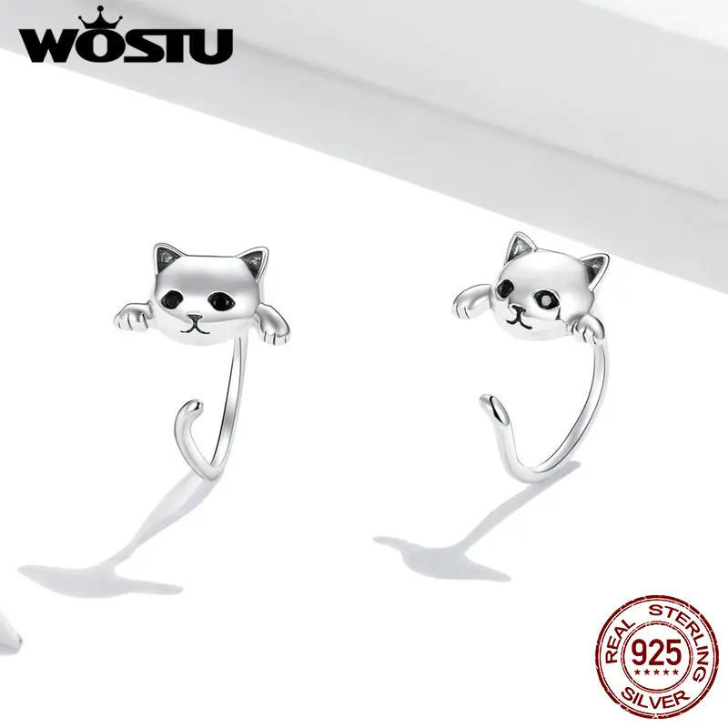 WOSTU 2020 Earrings 925 Sterling Silver Cute Cat Love Small Free-Pick Design Stud for Women Jewelry FIE965 | Украшения и