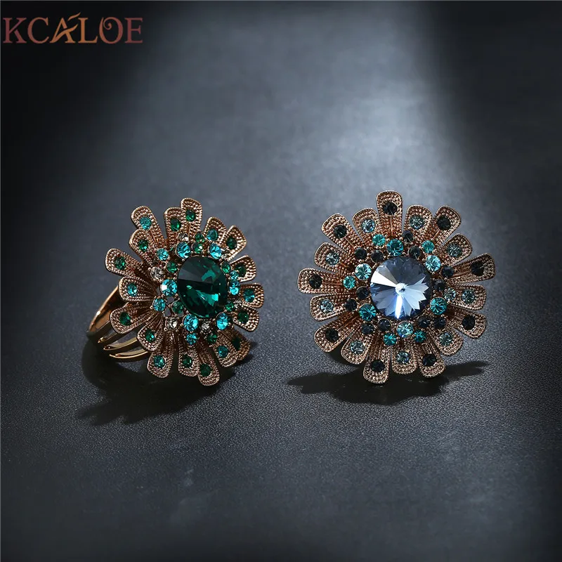 Женское кольцо KCALOE Винтажное на палец с золотыми цветами и синими