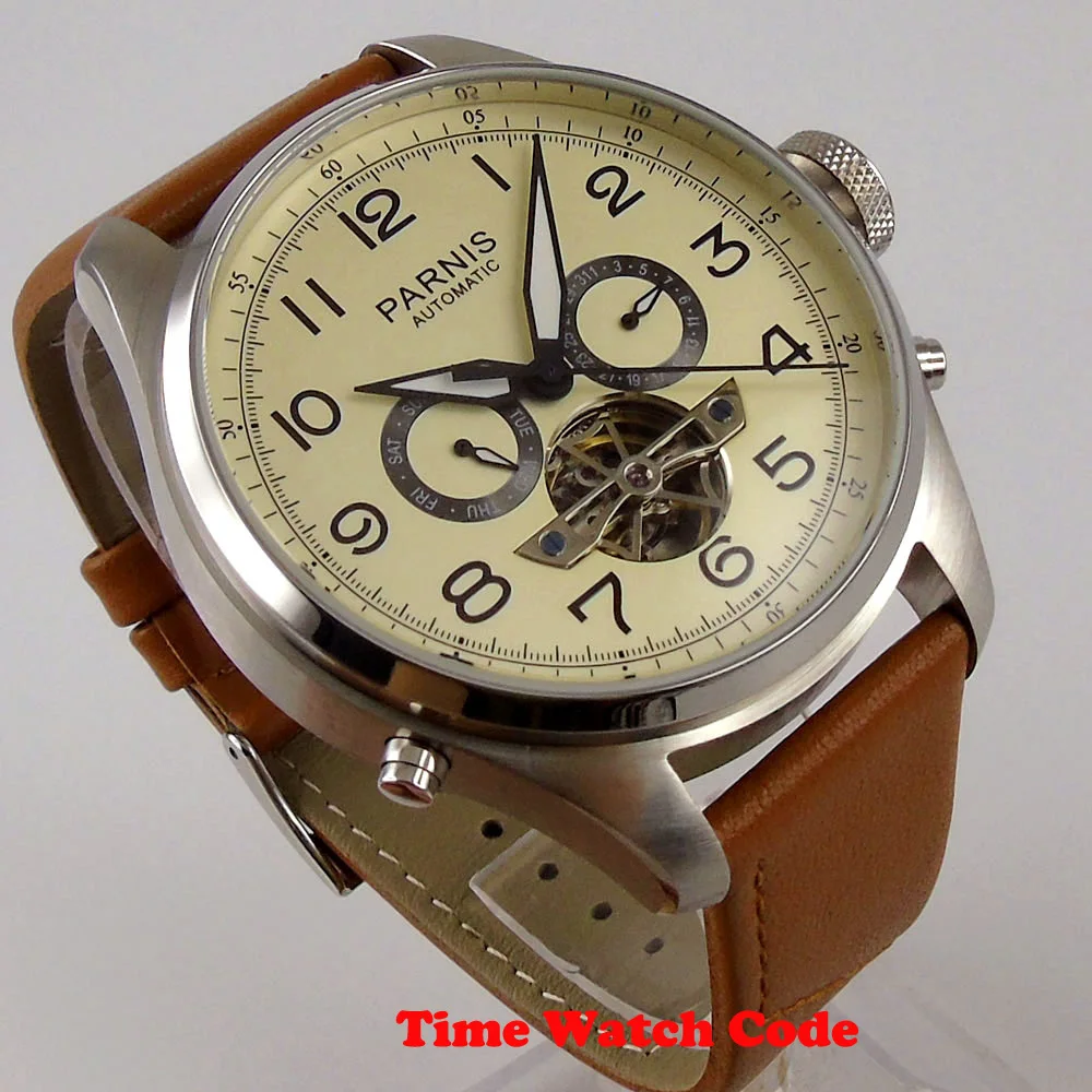 Часы PARNIS мужские с автоматическим маховиком 48 мм бежевый циферблат индикатор
