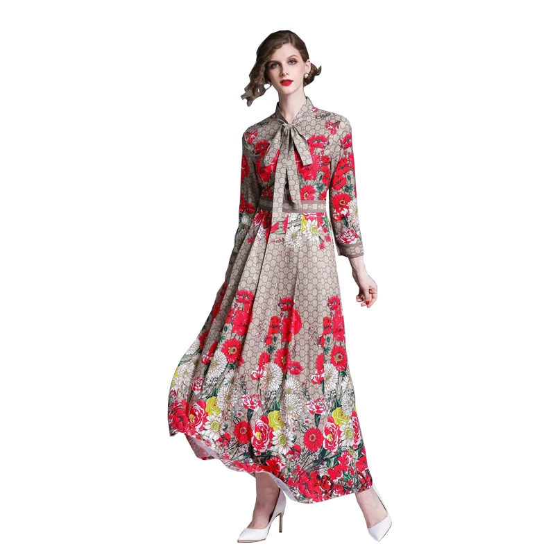 

2021 Summer Runway Designer Fashion Lettered Floral Print Girl Robe Ribbon Tie Neck Long Sleeve Women Party Casual Maxi Dress