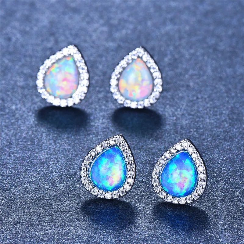 

Classic Female Crystal Small Stud Earrings Dainty Silver Color Geometry Earrings Vintage Blue Opal Wedding Earrings For Women