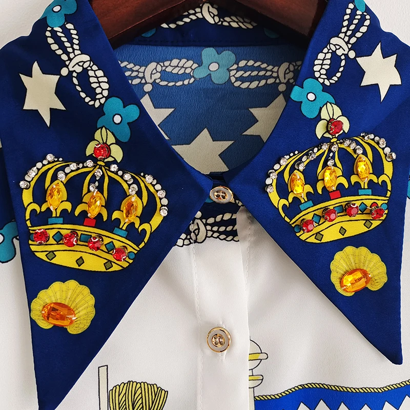 Summer Women 2 Casula Pieces Sets 2021 Designer Beading Diamonds Chian Print Blue Shirt + Black Shorts Holidat Set