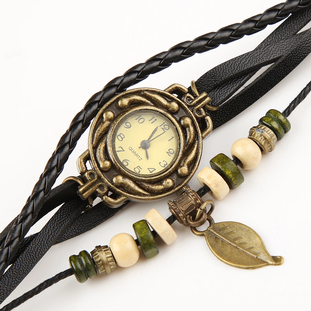 Ретро кварцевые часы для женщин кожаный браслет с украшение в виде листика