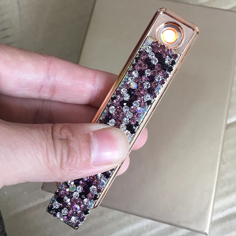 Purple Bling Crystal USB Charging Double-sided Diamond Lighter Windproof Flameless Electronic Cigar Cigarette No gas Electric Lighters - Название цвета: Purple
