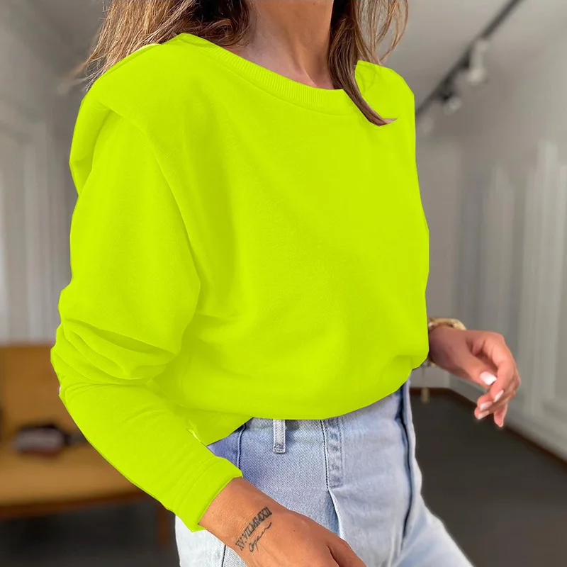 

Pure Color Ladies Spring and Autumn Long-sleeved Ruffled Casual O-neck Fitted Fleece Pullover Blue Purple Loose Sweatshirt