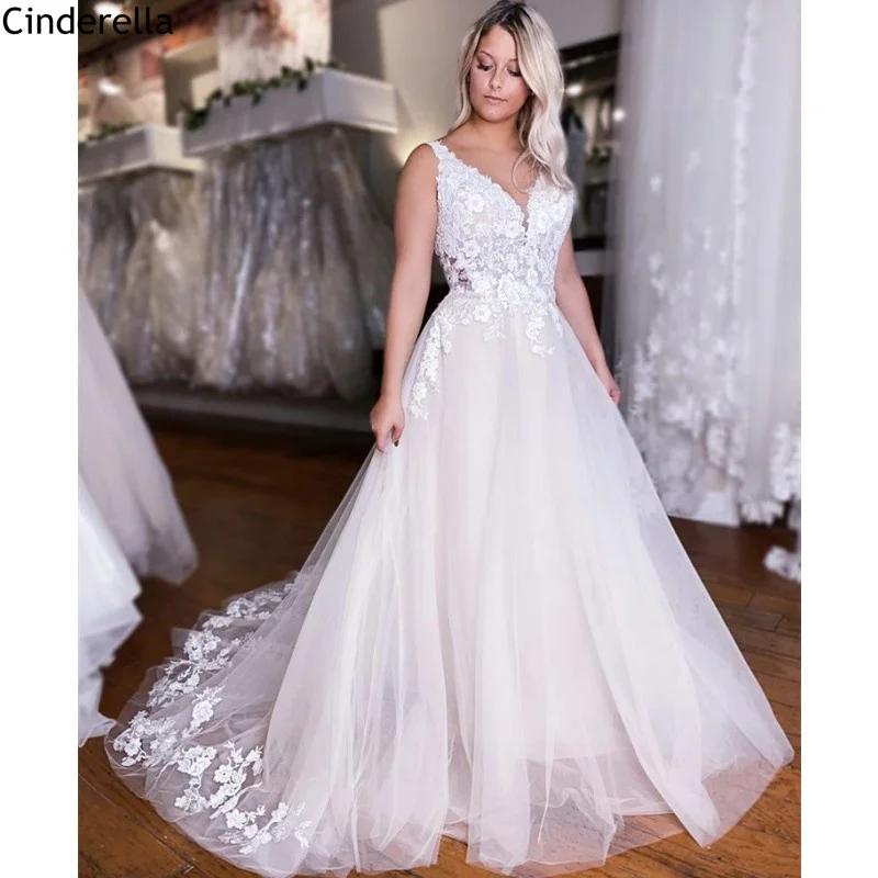 

Свадебные платья Элегантное платье с v-образным вырезом, без рукавов, трапециевидной формы мягкий кружевной тюль аппликационные Свадебные ...