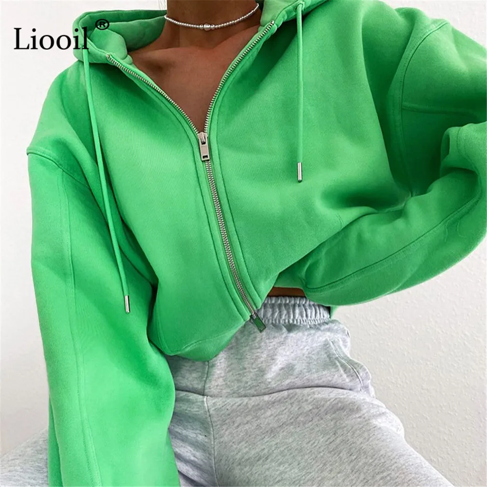 

Пикантный короткий кардиган на молнии, свитшот с капюшоном, пальто и куртки, осенняя уличная одежда с длинным рукавом, зеленые мешковатые св...