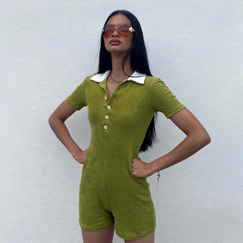 

Women Close-fitting Overalls Green Variegated Color Turn-down Collar Short Sleeve Sexy Rompers