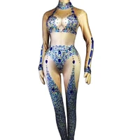 sparkly blue diamonds women long sleeve jumpsuits nightclub pole dancing costumes evening prom singer performance stage wear
