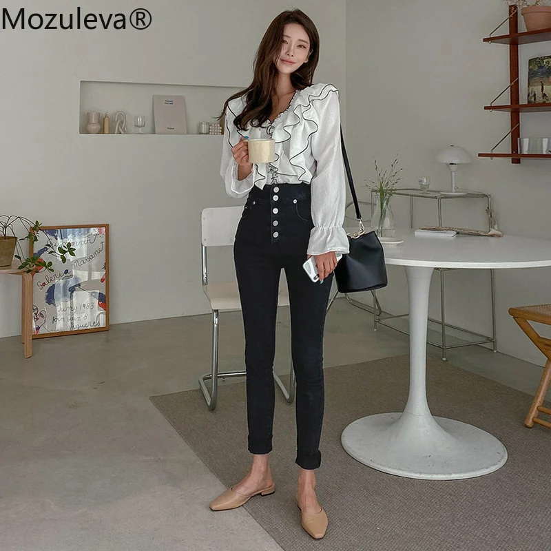 Осенние винтажные однобортные женские джинсовые брюки-Капри из денима с высокой