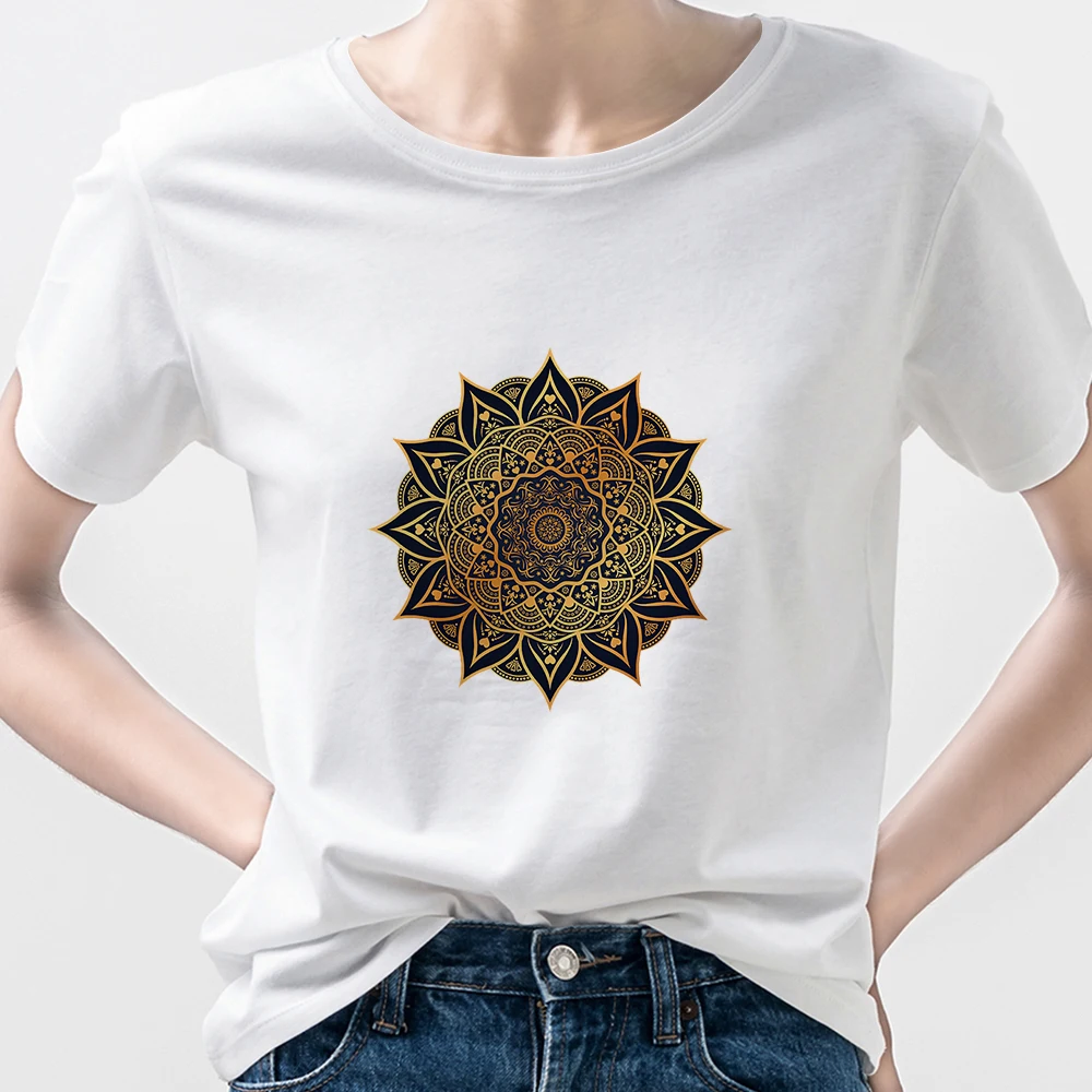 

Camisetas Verano Mujer Mandala Print Top Feminino Summer Women 2021 Vintage White Short Sleeve Casual Oversize T Shirt Hipster