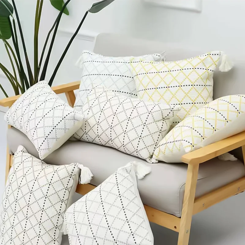 

Home Decorative Throw Cushion Cover Nordic Cotton Canvas Cushion Cover With Tassel Office Sofa Knitting Pillow Cover 40829