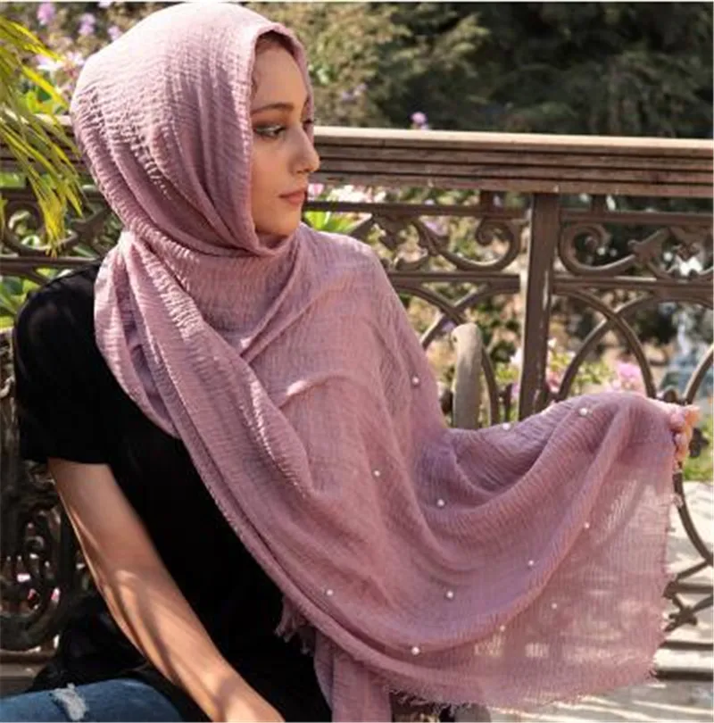 

2020 pearls Crinkle Hijab scarf Cotton Muslim Woman Shawls Turban Islamic Clothing Head Wrap Headwear Scarf arab headscarf