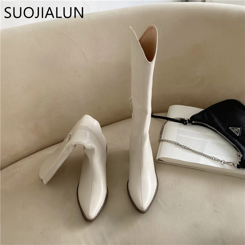 SUOJIALUN 2020 New Fashion Women Knight Boots Square Low Heel High Quality Pointed Toe Knee-high Western | Обувь