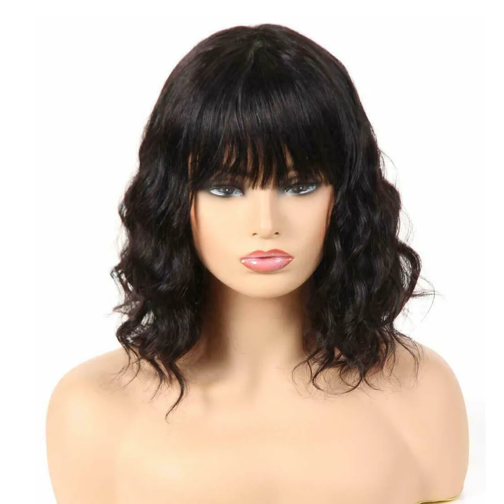Loose Wave Human Hair Wig with Bangs 150% Density Brazilian Remy Wavy Scalp Top Silk Base Fringe Natural Color | Шиньоны и парики