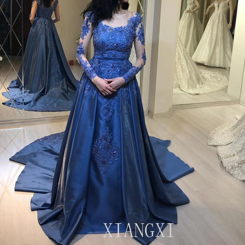 

2020 Soiree Blue Long Evening Dress Full Sleeves Lace Appliques Court Train Evening Dresses Formal Party Gowns Robe de soiree