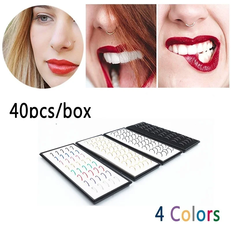 

40PCS/Lot 8x0.5mm Fashion Stainless Steel Nose Piercing Nose Ring Hoop Lip Hoop Earrings Punk Hip Hop Body Piercing Jewelry
