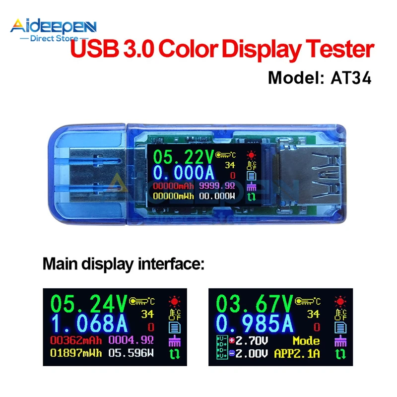 

AT34 USB 3,0 цветной жк-дисплей вольтметр амперметр измеритель напряжения измеритель тока мультиметр аккумулятор зарядное устройство USB тестер