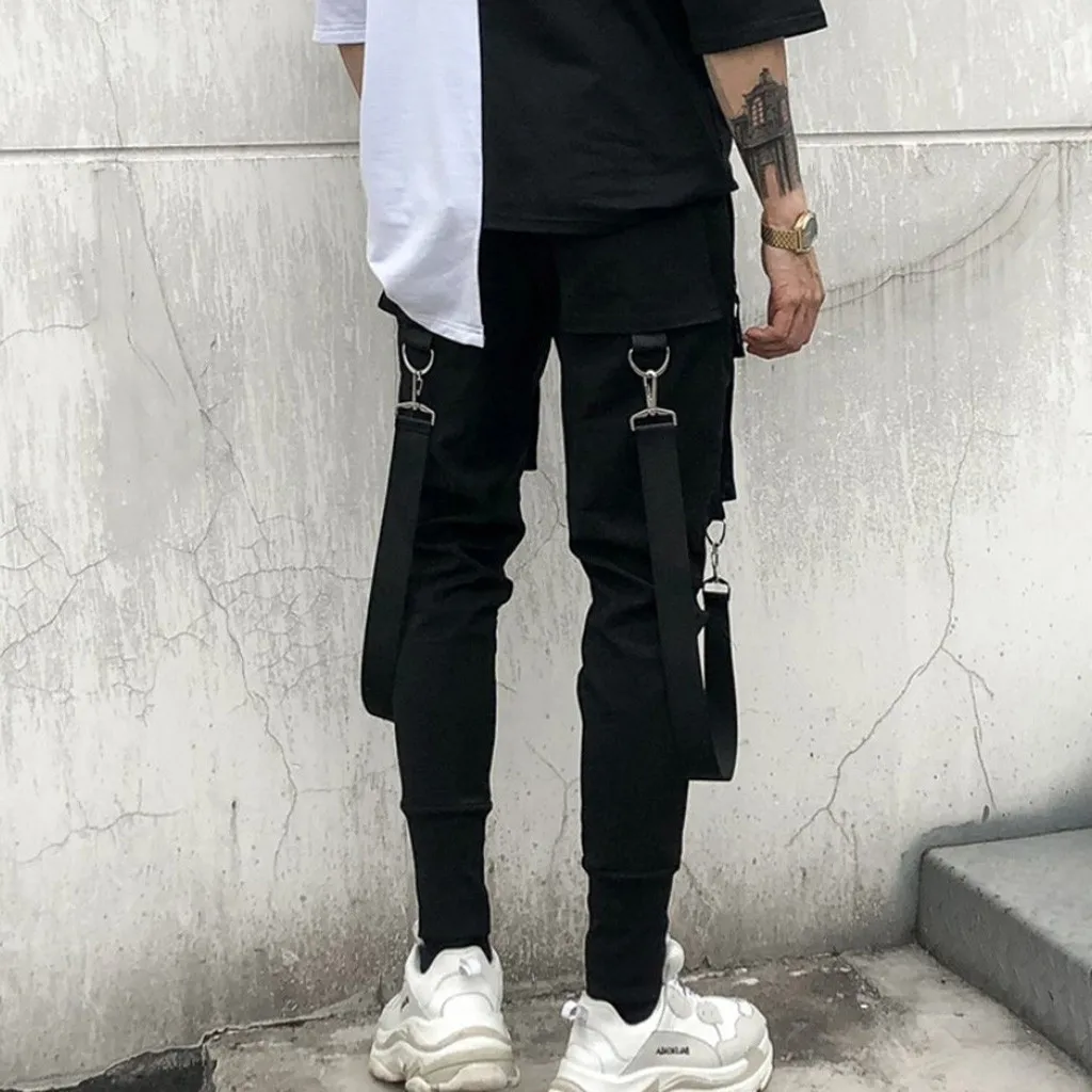 38# Men Cargo Pant Side Pockets Pencil Hip Hop Patchwork Ripped Harajuku Sweatpants Casual Jogger Trousers Pantalones Homme | Мужская