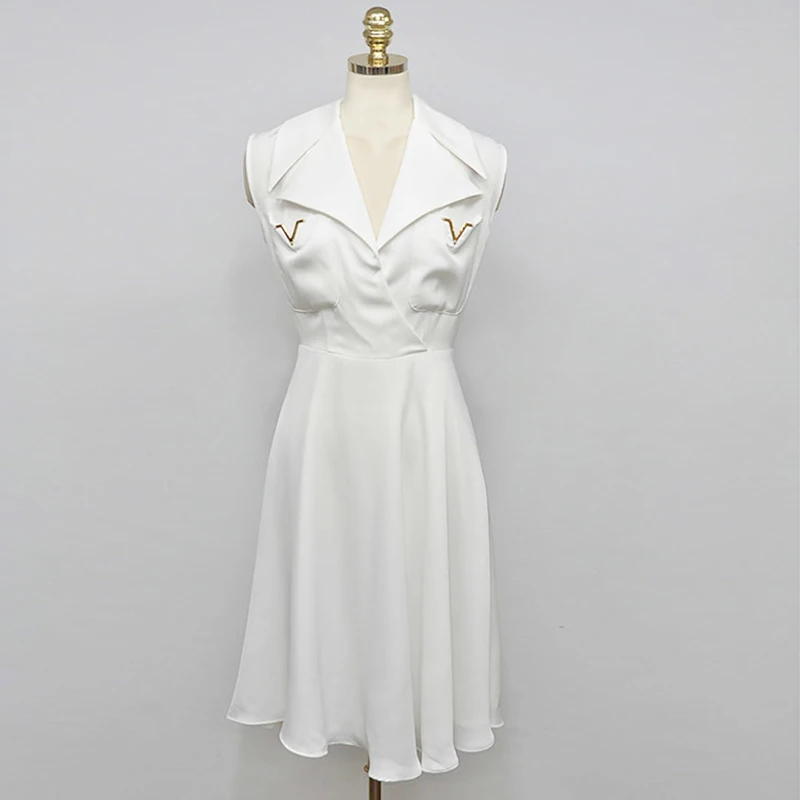 

COIGARSAM Office Lady Sleeveless Women Mini dress New Summermal High Waist Turn-down Collar Dresses White 896