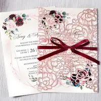50pcs Rose Gold Glitter Laser Cut Floral Invitation Cards for Wedding / Party / Quinceanera / Anniversary / Birthday, CW0024