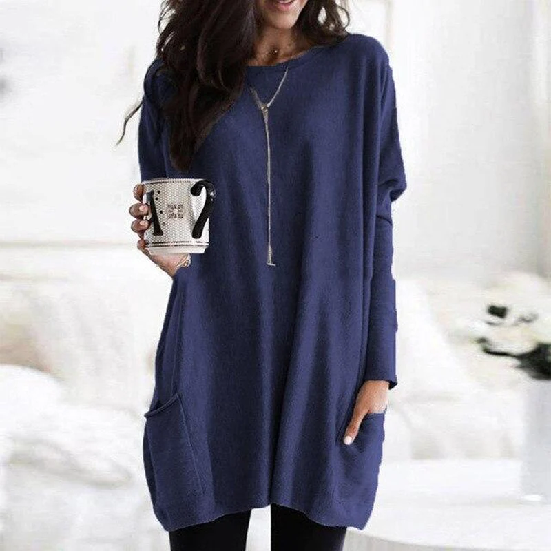 

Elegant Lady T-shirt Oversize Harajuku Round Neck Pocket Top Autumn Long-sleeve Loose T Shirt 5XL Female Tees Hot Sale Clothing