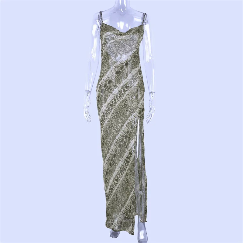 

Cutubly Mesh See Through Maxi Dress Snake Print Sexy Dresses Women Slit Floor Length Summer Backless Spaghetti Elegant Dress