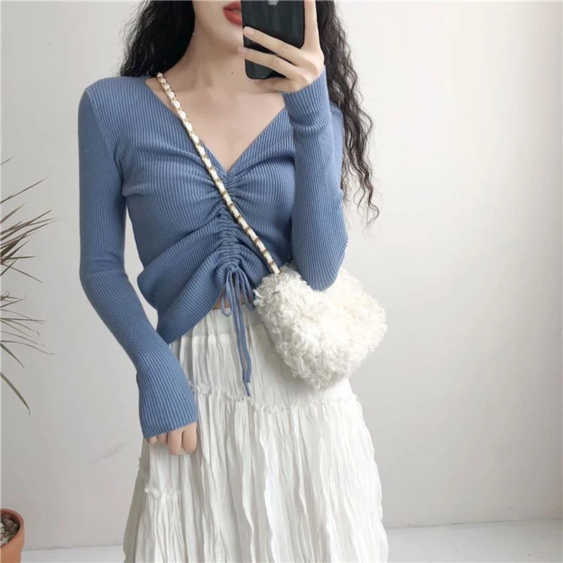 

Women Sexy V-Neck Drawstring Knitted Sweater Casual Ruched Short Thin Korean Style Sweaters Lady Soft Crop Tops Female outwear