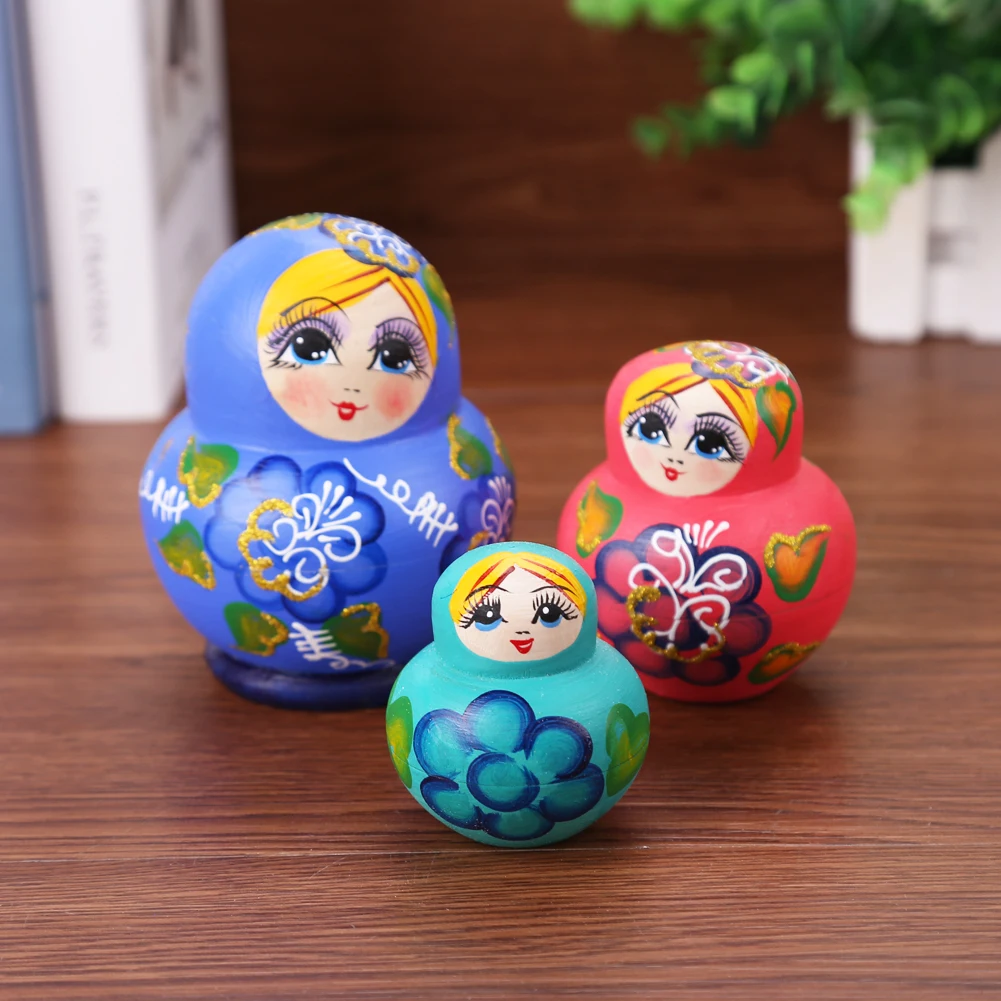 

1 компл., деревянная цветная русская кукла-гнездо, ручная краска, синяя девушка, Матрешка, русские гнездовые куклы, детская игрушка, кукла-дев...