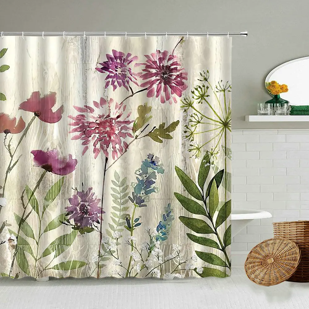 

Floral Scenery Shower Curtain Plant Flower Leaf Butterfly American Country Retro Bathroom Wall Decor With Hook Waterproof Screen