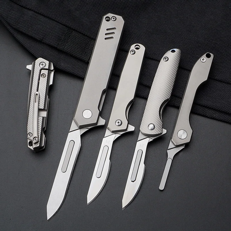 

HWZBBEN Mini Titanium Alloy Scalpel Medical Folding Knives Outdoor Unpacking EDC Pocket Knife With 10pcs Replaceable Blades