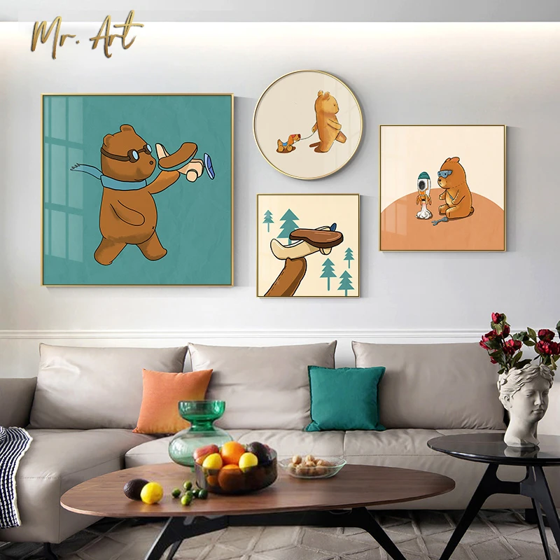 

Nordic Modern Animal Canvas Painting Bear Posters and Prints Cartoon Wall Art Pictures for Children's Bedroom Decoration