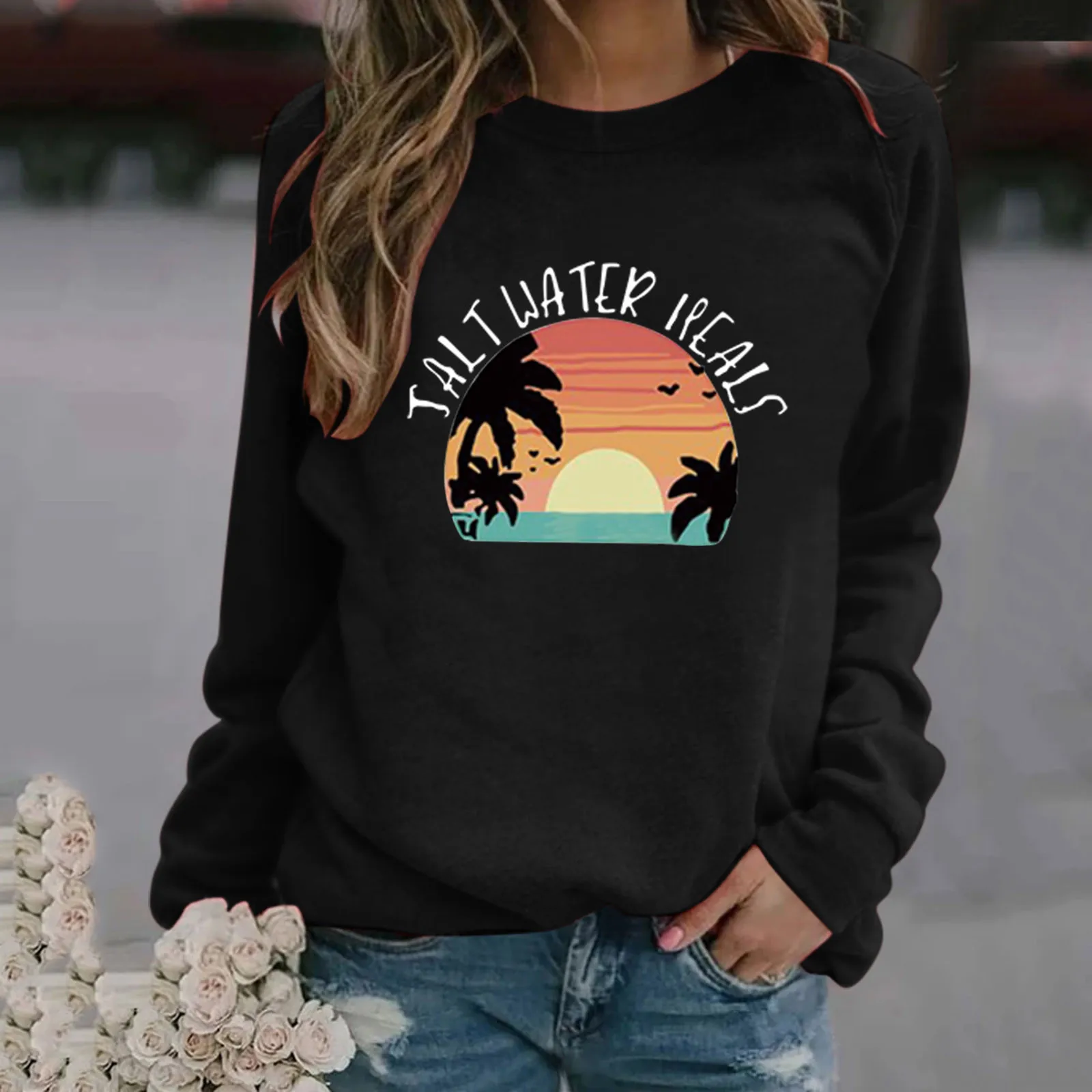 

Pullover Sweatshirt Autumn Long Sleeve O-neck Bohemian Sun Print Straight Pullover Tops Spring Holiday Casual Women Blouse
