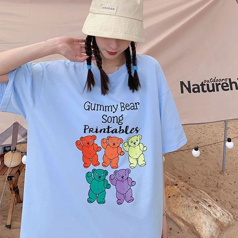 

100% хлопок 5 медведя футболки для женщин Kawaii футболки свободные летние футболки 2021 новый корейский тренд модная обувь для подростков и студе...