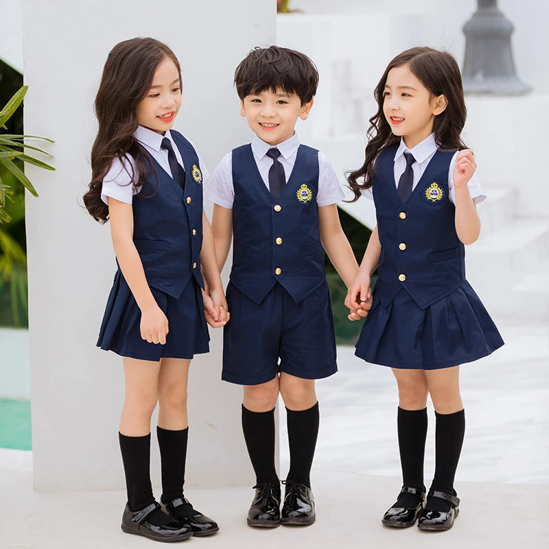 

Children Navy Blue Cotton Japanese School Uniforms Girls Boys Academic Navy Kawaii Waistcoat Vest Skirt Tie Clothing Sets Outfit