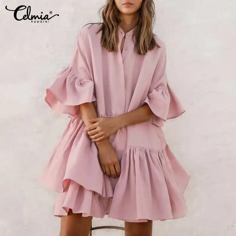 Celmia Bohemian Summer Sundress 2021 Women Ruffled Party Mini Dress Sexy Half Sleeve Buttons Casual Solid Beach Vestidos Robe