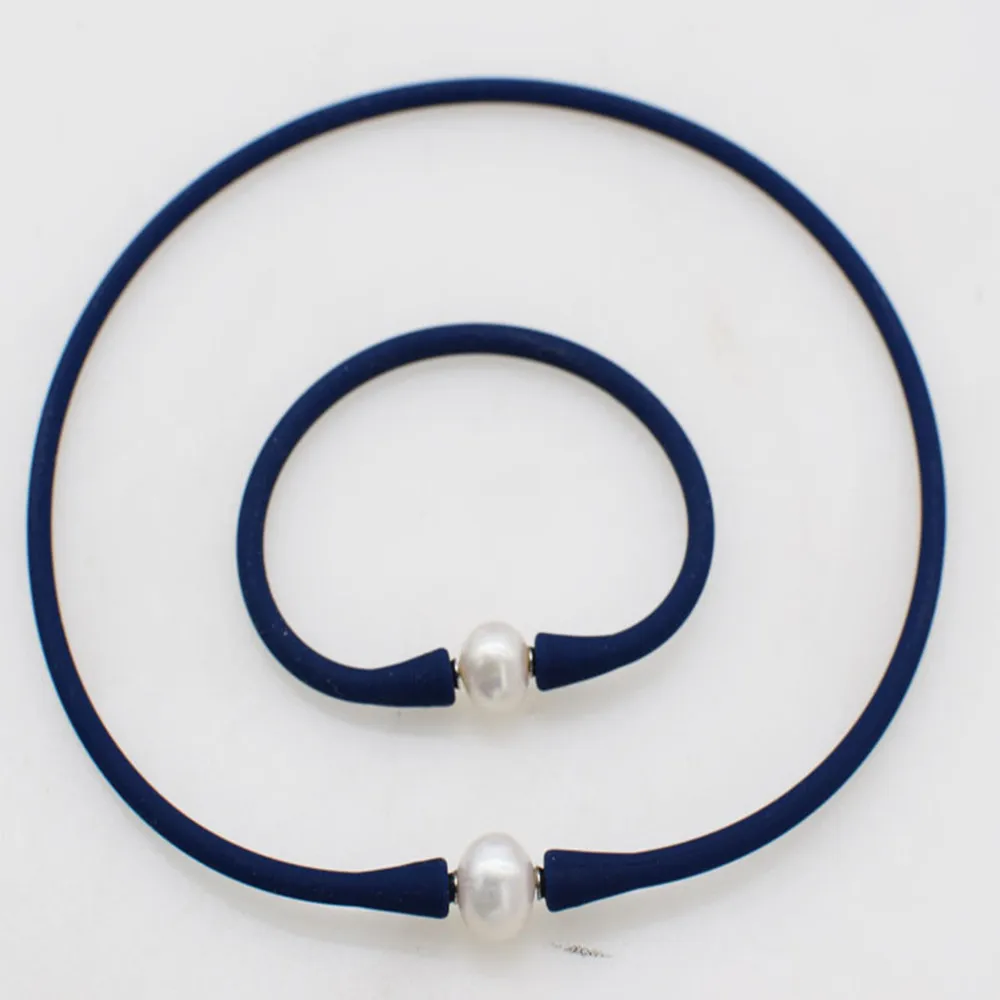 Пресноводный жемчуг недалеко круглый белый 10-11 мм и синий силиконовый ожерелье