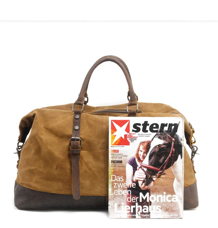 Large-Volume Men Handheld Traveling Bag Europe And America Water-Proof Oil Wax Canvas Shoulder Bag with Crazy Horse Cowhide