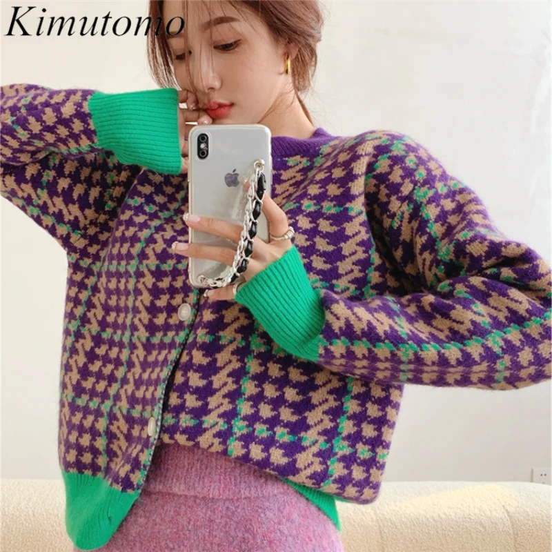 

Винтажный шикарный вязаный кардиган Kimutomo, женский осенний Новый корейский стиль, яркий мягкий короткий топ с круглым вырезом и одной грудью