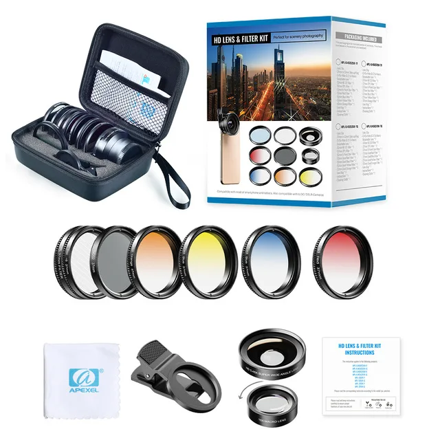 7 filters wide macro Apexel, профессиональная 7в1 набор объективов для телефона 37 мм градиентные красные синие Желтые Фильтры+ CPL ND/Star фильтры для iPhone большинства смартфонов - Цвет: 7 filters wide macro