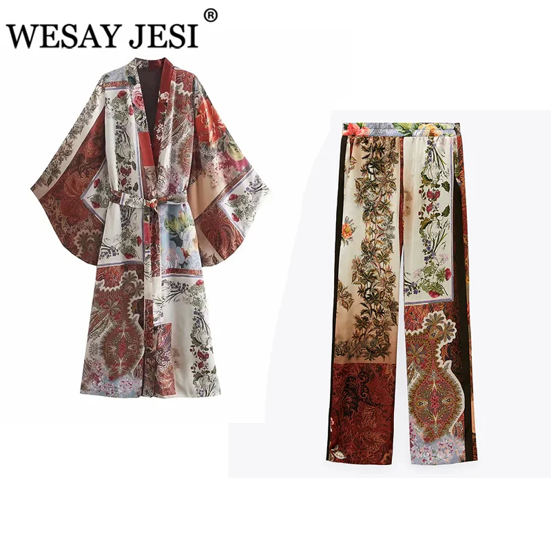 

WESAY JESI Women Clothing Trouser Suits TRAF ZA 2021 Vintage Printed Long Sleeve Coat Trouser Suits High Waist Pants 2 Piece Set