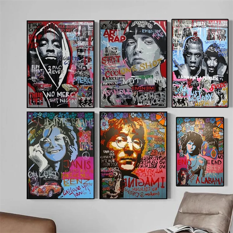 

Graffiti Street Singer Hip Hop Rapper Posters and Prints Rap Music Star Canvas Wall Art Painting 2 PAC Eminem Picture Decoration