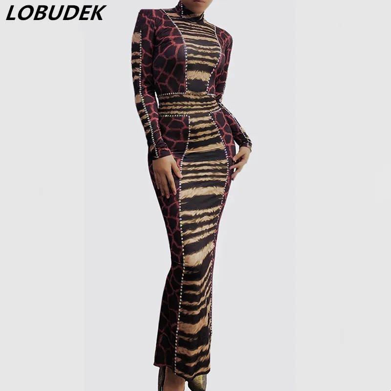 

Women Long Sleeve Leopard Print Rhinestones Dress Host Models Catwalk Slim Long Dresses Birthday Celebrate Prom Stage Outfit