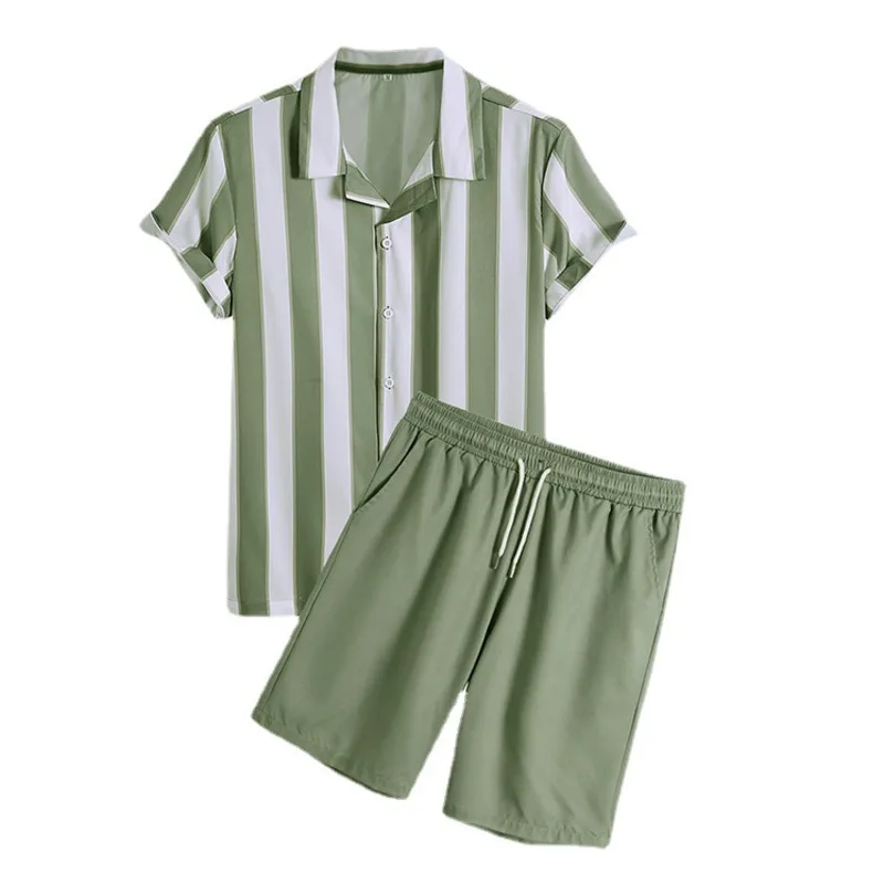 

2022 Men Thin & Breathable Summer Outfits Sets Green White Striped Outfit Holiday Short Sleeve Two Pieces