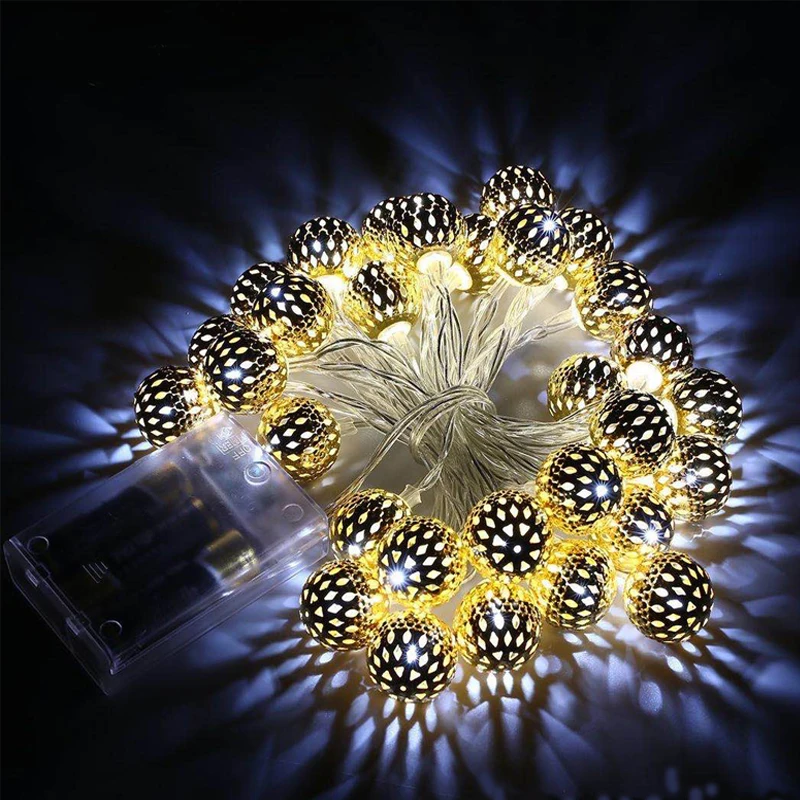 

20/30/50Led Hollow Ball Iron LED Battery Lamp String Decorative Metal Morocco Ball Christmas LED Lamp Garden Accessories Outdoor