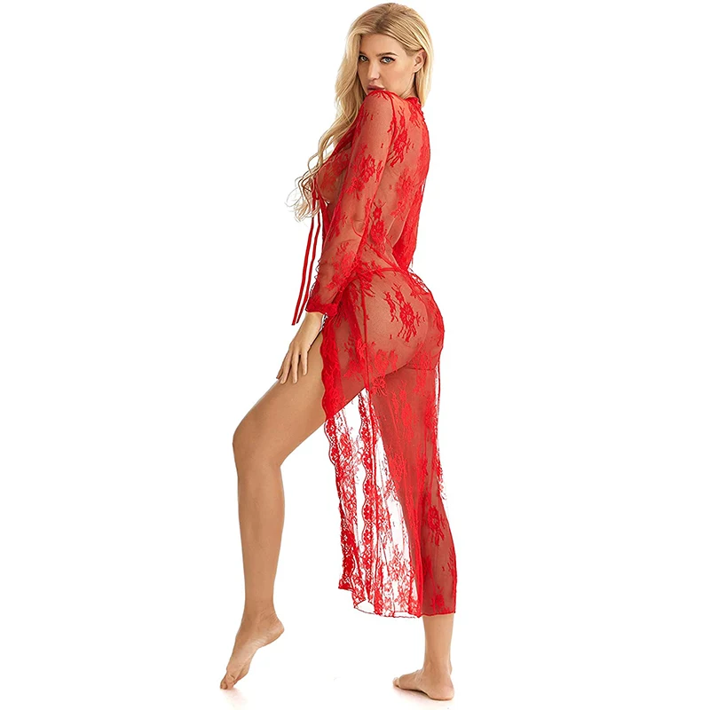 

DR.GESTEE Ladies underwear lace kimono robe XL long dress mesh petticoat summer sexy pajamas