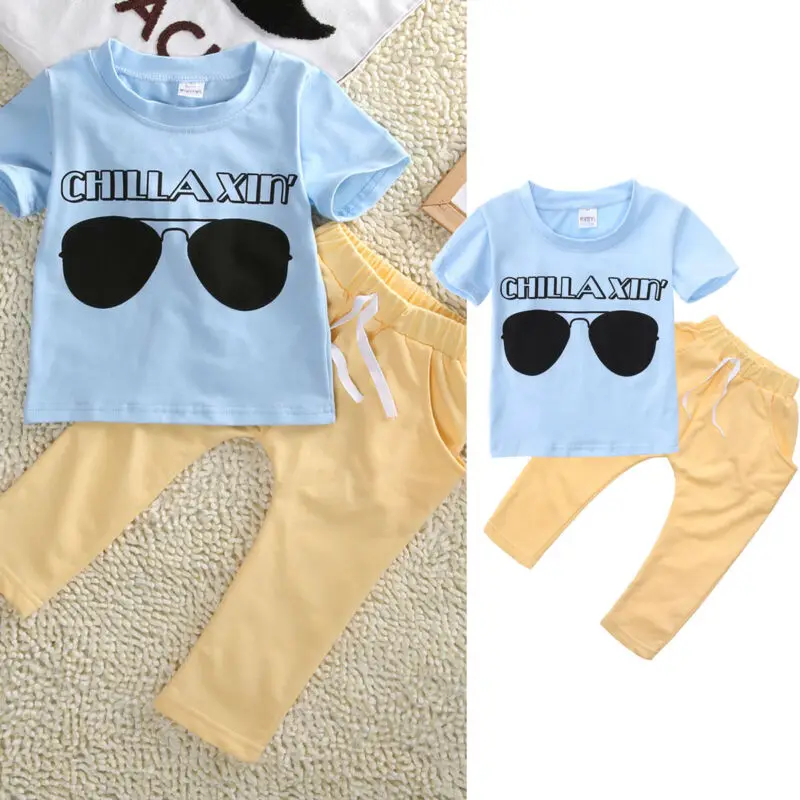 Детская одежда для маленьких мальчиков футболка Топ + длинные штаны комплект