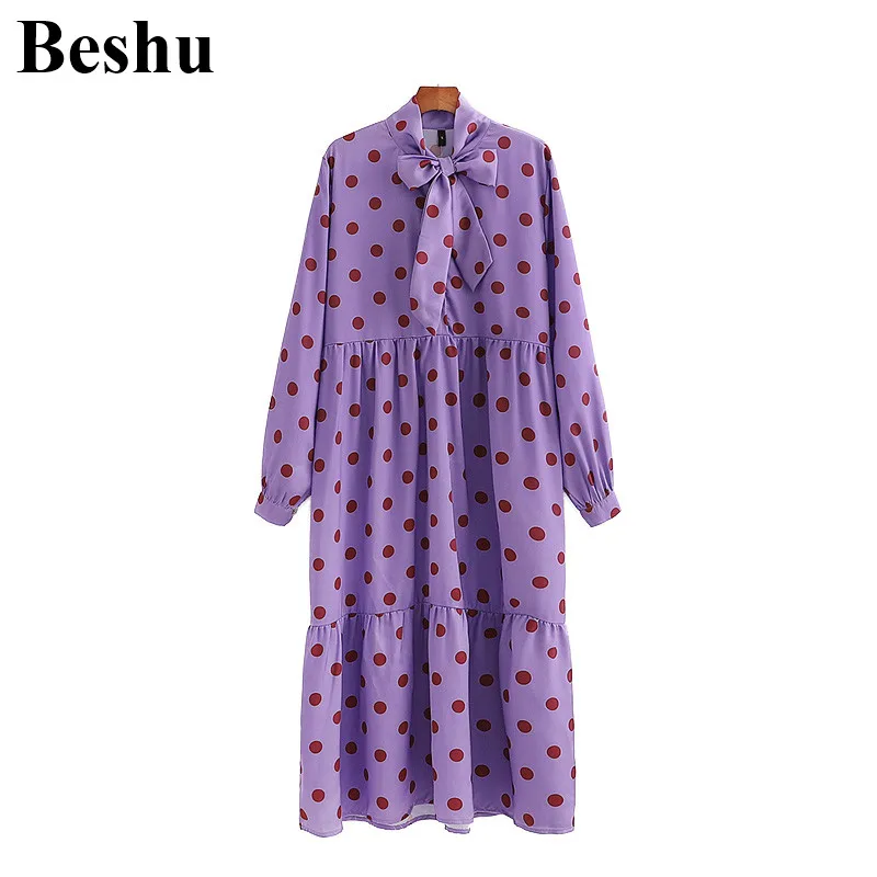 Женское атласное платье миди za фиолетовое однобортное в горошек с бантом на